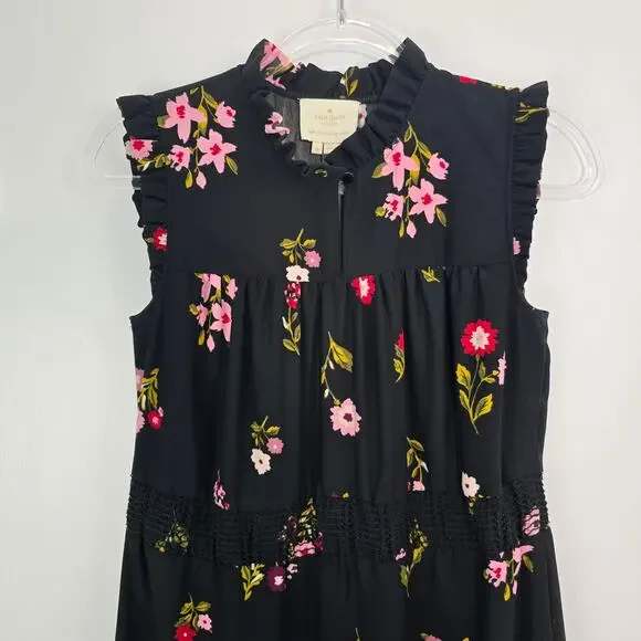 Kate Spade Ma Cherie In Bloom Black Floral Smocked Waist Tiered A Line Dress - Picture 6 of 10